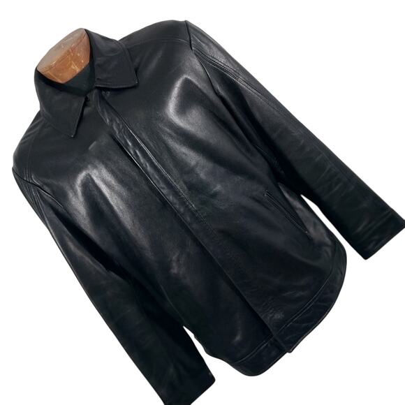 MERONA! BLACK GENUINE LEATHER SLEEK MODIFIED BOMBER STYLE JACKET COAT! SZ L